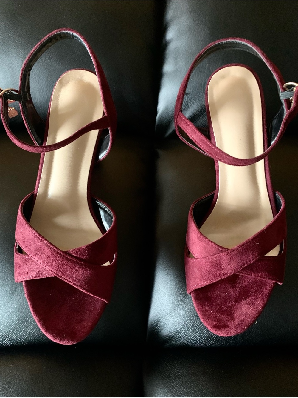 Crisscross Ankle-Strap Suede Sandals in Burgundy